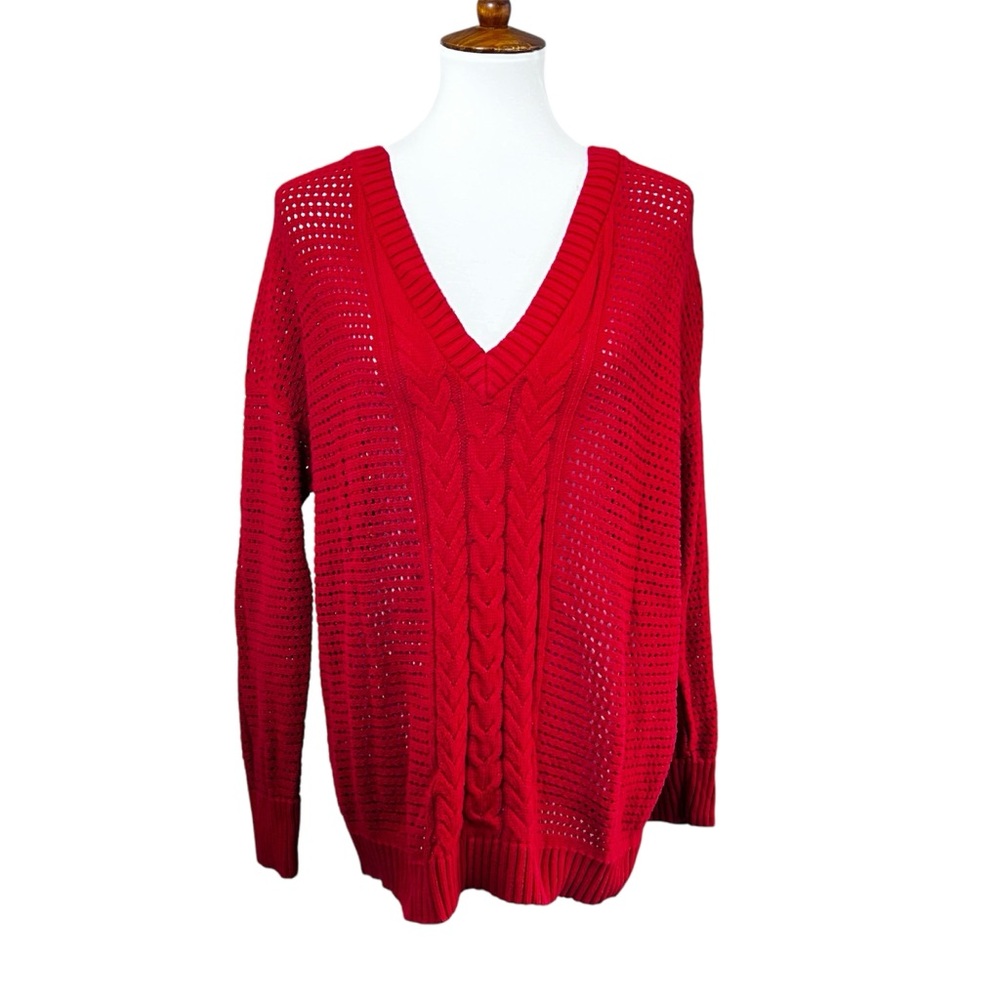 Lane Bryant Red Cable Knit Sweater Women’s Plus Size 18/20 V-Neck Long Sleeve